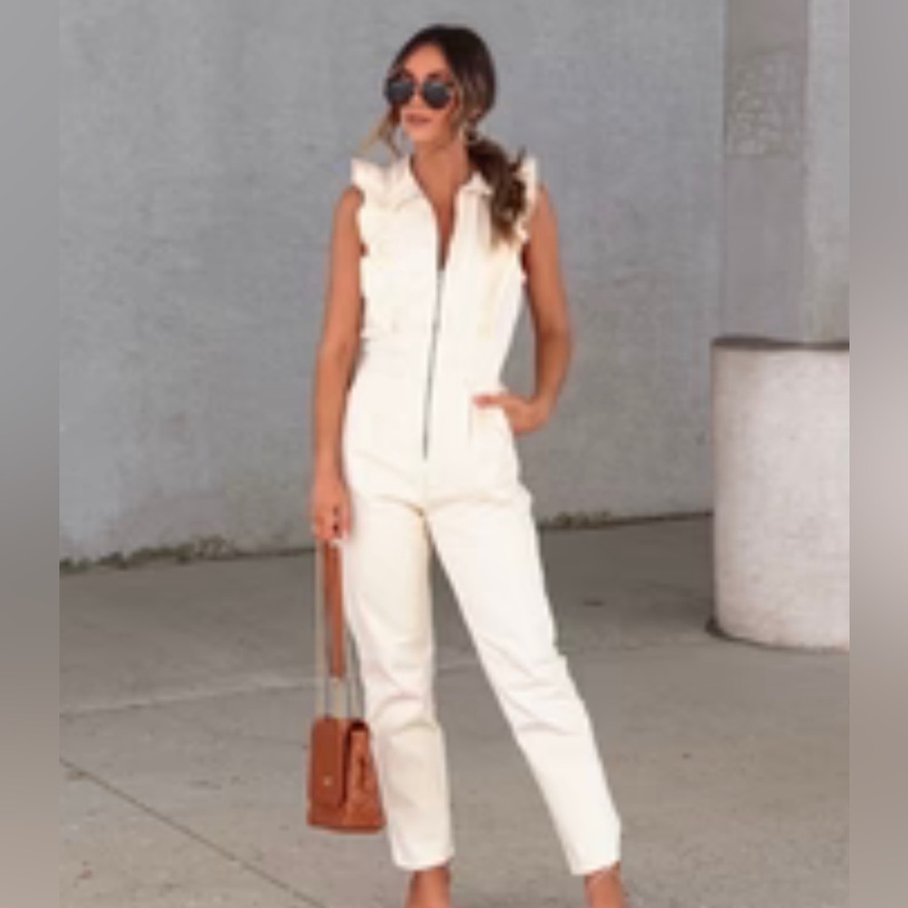 Strut & Bolt Cotton Blend Boho Zip Up Sleeveless Pocketed Ruffle Jumpsuit Large